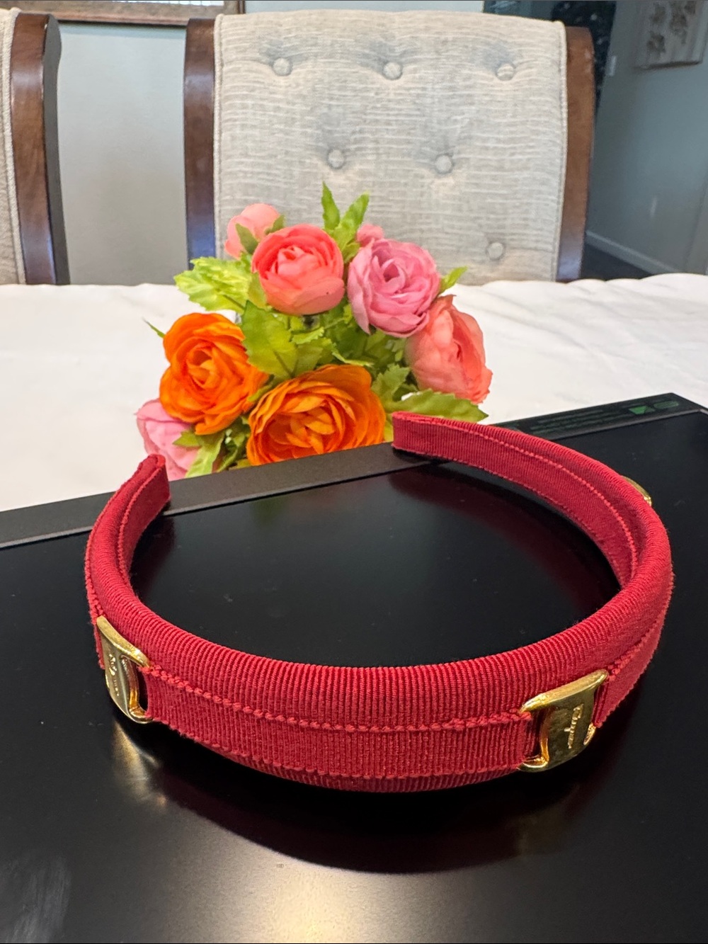 Authentic Salvatore Ferragamo Red Padded Grosgrain Headband with Gold Hardware